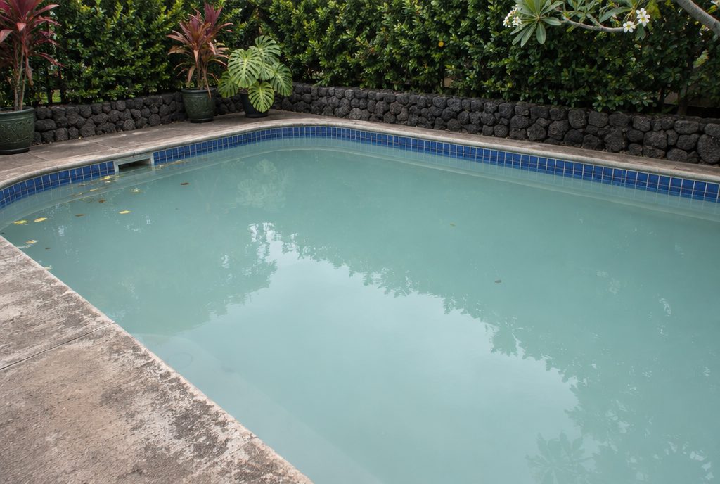 Cloudy, milky turquoise water in a backyard pool with a lava rock wall, hedge, and potted ti plants
