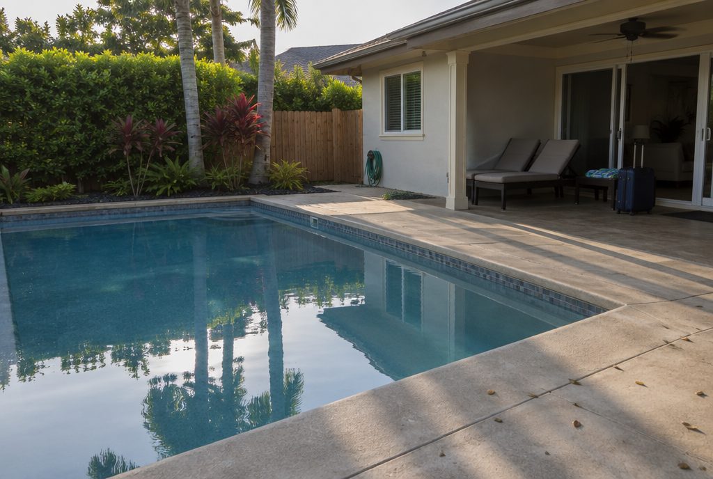Clear, still backyard pool with a packed suitcase on the covered lanai before a trip