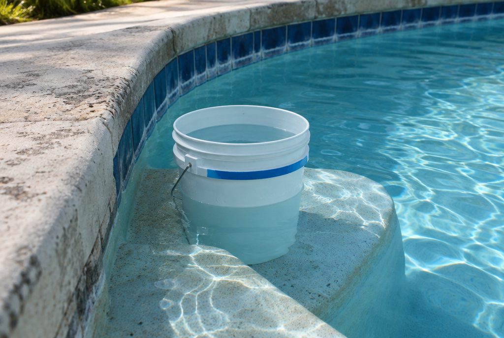 Bucket of water on a pool step with a tape line marking the water level for a pool leak bucket test in Hawaii